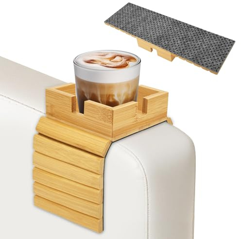 1Pack Sofa Arm Tray, Foldable Couch Cup Holder Bamboo Armrest Tray, Sofa Armrest Organiser for Drinks, Snack, and Remote, Square Couch Protector with Non-Slip Backing(1PAck)