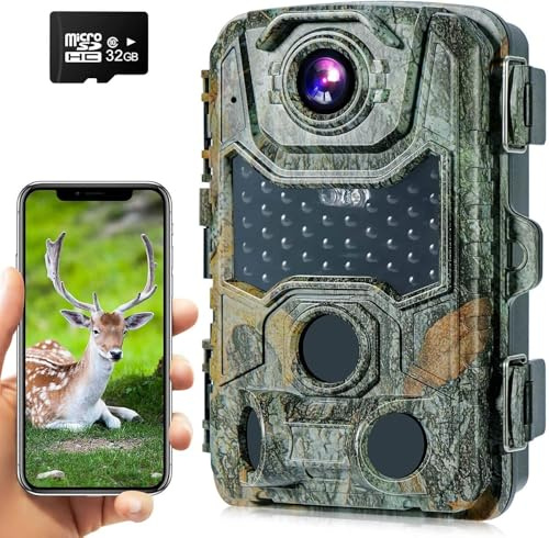 Crenova Wildkamera Handyübertragung APP 4K 32MP mit 32GB microSD 940nm IR LEDs WLAN Bluetooth, Wildtierkamera mit Nachtsicht Bewegungsmelder Spielkamera IP66 Wildbeobachtung Waldkamera