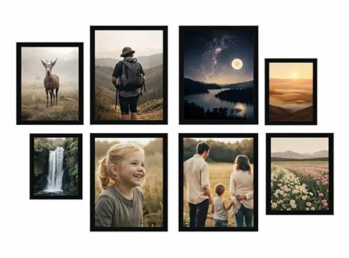 BH | Set of 8 Photo Frames Black | Four 8 x 10 Inches, Two 4 x 6 Inches, Two 5 x 7 Inches |MFD Wood |Wall Mounting Picture Frames for Living Room, Bedroom, Office & Home Décor - By Best House