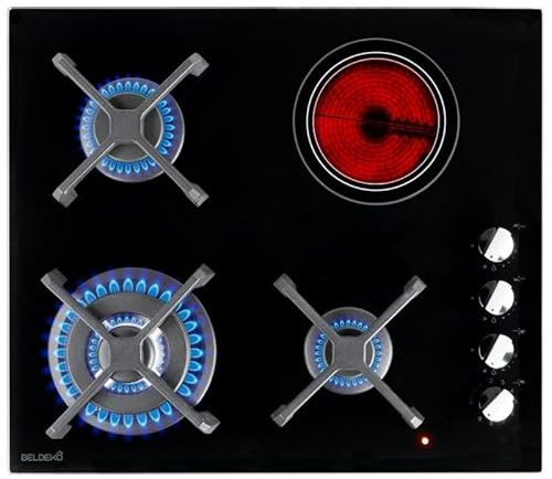Piano cottura misto 3 camini a gas e 1 camino in vetroceramica - Doppia corona 7400 W - Controller - Incasso - Ceramica e Gas