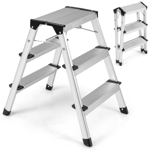 TANGZON Folding 3 Step Ladder, Aluminum Step Stool with Widen Anti-Slip Pedals, 150KG Portable Tread Stepladder for Household Office Garage Shop (62 x 44 x 60 cm, Dual-Sided 3 Step)