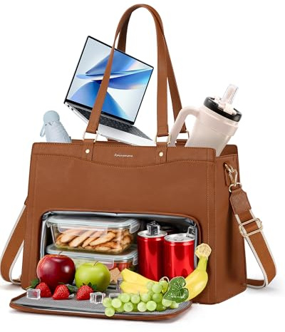 RAINSMORE Lehrertasche Damen mit Kühlfach 15,6 Zoll Laptoptasche Arbeitstasche Damen Groß PU Leder Business Handtasche mit Lunchfach Wasserdicht für Büro Uni Schule Braun