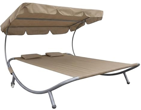 Spetebo Doppel Sonnenliege mit Dach beige für 2 Personen - 199 x 174 - bis 260 kg XXL Gartenliege mit verstellbarem Sonnendach Rollen und Kopfkissen wetterfest stabile Relaxliege aus Stahl für Garten