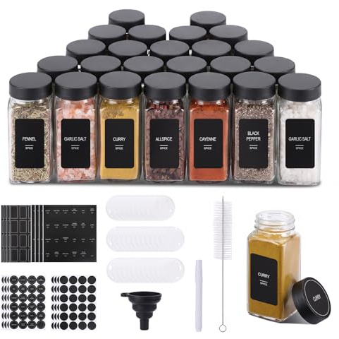 Vexnaro Quadrati Barattoli Vetro per Spezie con 1 Imbuto, (24×120ml) Barattoli Portaspezie in Vetro Trasparente, Quadrati per Spezie con Tappo a Vite Kit per Condimenti con 400 Etichette
