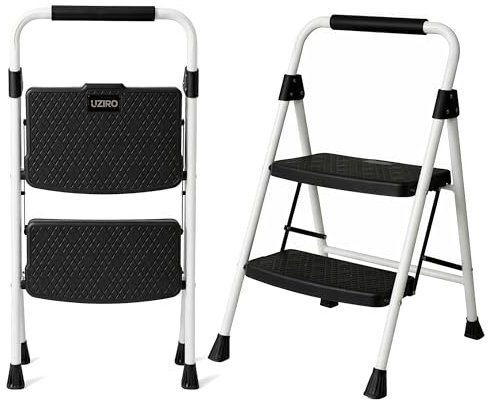 UZIRO Escalera Plegable 2 Peldaños, Estructura de Acero y Aluminio, Color Blanco, Peldaños Antideslizantes, Asa de Goma, para Hogar, Cocina, Oficina y Bricolaje | Color Blanco, con Asa de Goma, para Hogar, Cocina, Oficina y Bricolaje