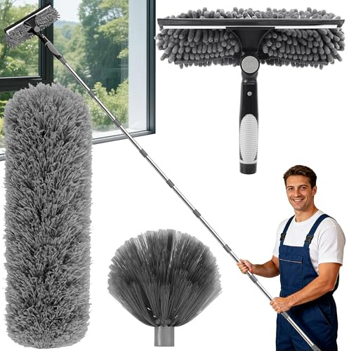 Gimars Plumeau Télescopique 4,3m avec Extension Réglable, 4 Pcs Nettoyage | avec Tête Microfibre Lavable, Brosse Aspirante Intégrée + Raclette, Balai Toile d'Araignée pour Plafonds, Meubles et Stores