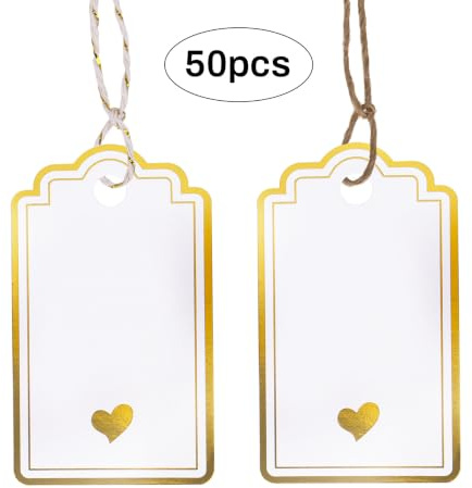 Dmnnlp 50 Stück Geschenkanhänger 5x9cm, Herzförmiges Design Papier Anhänger zum Beschriften mit Kordel, Kärtchen zum Beschriften für Hochzeit Geburtstag Weihnachten (Gold)