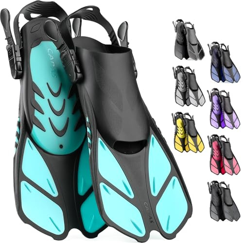 CAPAS Snorkel Fins, Swim Fins Travel Size Short Adjustable for Snorkeling Diving Adult Men Women Kids Open Heel Swimming Flippers (Green, L/XL (Adult UK Size 8-12)