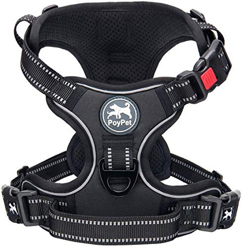 PoyPet Keine Pull Hundegeschirr Front Reflektierende Pet Weste für Hunde mit Einfache Kontrolle Griff und Rückseite perfekt für den täglichen Training, Walken, Running(Schwarz,L)
