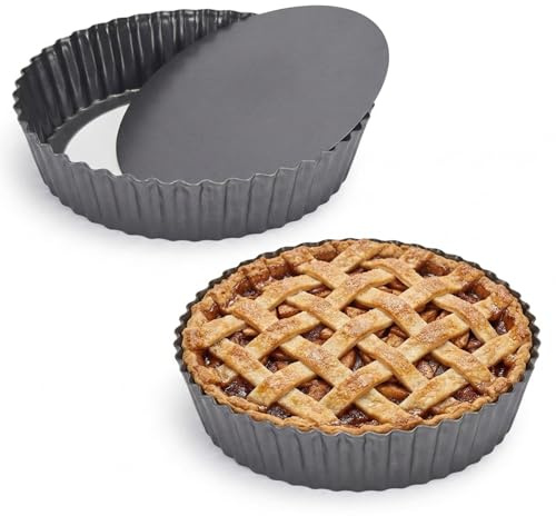 Kazozobi 2 Pack 9.4 × 2 Inches Nonstick Tart Pan with removable bottom, Quiche Pans for Baking, Carbon Steel Deep-dish Pie Pan with Removable Loose Bottom