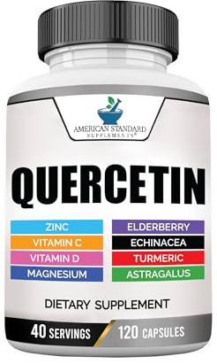 American Standard Supplements Quercetin 1000mg Per Serving with Zinc, Vitamin C, Vitamin D3, Magnesium, Elderberry, Echinacea, Turmeric, Astragalus - Gluten Free, Non-GMO, 120 Capsules, 40 Servings