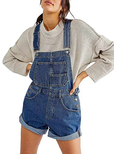 Sovoyontee Damen Jean Shortalls Verstellbare Träger Manschettensaum Denim Bib Overalls Shorts Strampler Jumpsuits Blau S