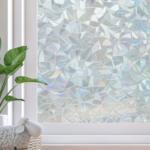 SUNDEF FILM Rainbow Window Privacy Film Decorative, Static Cling Stained Glass Windows Tint for Home, 3D Decals Windows Clings for Glass, Suncatcher Window Cover Stickers (White, 17.5 x 78.7)