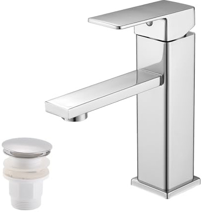 Vuadzren Wasserhahn Bad mit Ablaufgarnitur, Waschtischarmatur Einhand Klein Einhebelmischer Waschbeckenarmatur Edelstahl für Waschschale (1, Chrom mit Ablaufgarnitur)