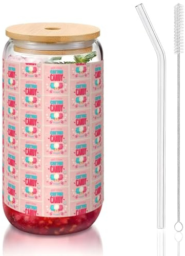 YBGHDAA 1 vaso de algodón con estampado de azúcar con tapas y popote, vasos de vidrio de 16 onzas, ideal para whisky, cerveza, té