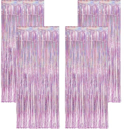 4 Pezzi Tenda Lametta 1m x 2,5m, Fondale Shimmer con Frange Metallizzate, Tinsel Curtain per Compleanno Bambina, Baby Shower, Principessa Party, Photobooth, Decorazioni Festa Rosa (Rosa chiaro)