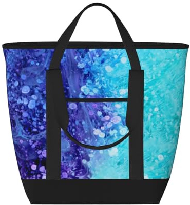 Sac cabas isotherme à motifs abstraits bleus et turquoise – Grand format, imperméable et adapté au contact alimentaire, idéal pour faire les courses, déjeuner, pique-niquer et emporter des plats.