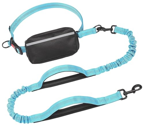 Greabuy Elastiskt stötdämpande hundpromenadbälte med avtagbar vattentät förvaringsväska och 360 graders vridklämma för löpning elastiska hundkoppel