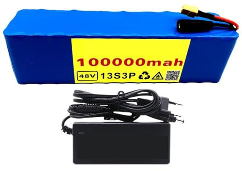Batería de Litio de Bicicleta Eléctrica 48V 100Ah Baterías de Iones de Litio para Patinetes Eléctricos 13S3P con Cargador para Motores 50 W a 1000 W 48V 100Ah,XT30