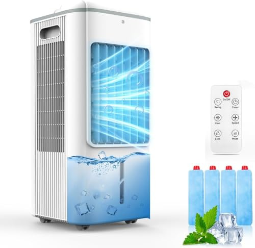 Evaporative Air Cooler, Upgraded 3-side Air Intake, Portable Air Cooler Fan with Digital Display, Remote Control, Visible Water Tank, 200ML*4 Ice Boxes, Up to 8L, 75W, 3 Modes, 3 Speeds, Timer