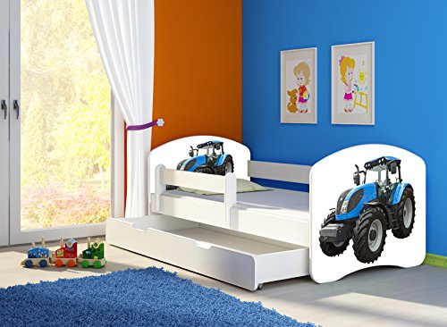 CLAMARO 'Fantasia Weiß' 160 x 80 Kinderbett Set inkl. Matratze, Lattenrost und mit Bettkasten Schublade, mit verstellbarem Rausfallschutz und Kantenschutzleisten, Design: 42 Traktor