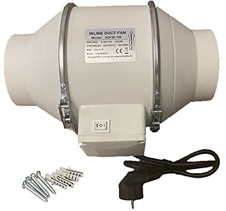 Rohrventilator 100 mm mit Schalter - 2-stufiger Kanalventilator 220 m³/h - 26 W, 230V, leise 31 dB - Rohrlüfter aus PP-Kunststoff mit Kabel für Lüftung & Abluftsysteme