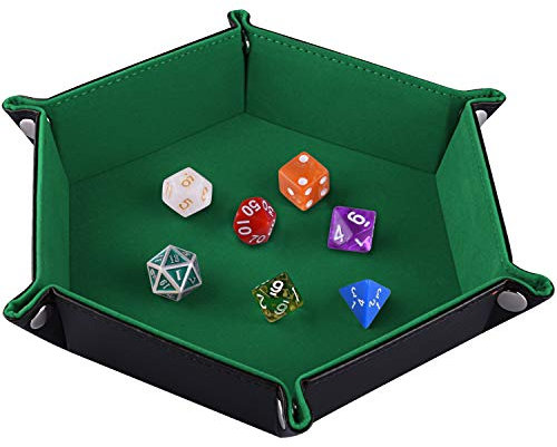 SIQUK Plateau à Dés Double Face, Porte-Matrices en Cuir PU et Cuir Velours Vert foncé pour Hexagone Repliable
