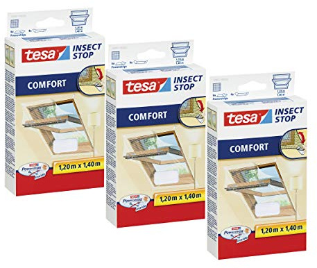 tesa Insect Stop COMFORT Fliegengitter Dachfenster - Insektenschutz mit Klettband selbstklebend (120 cm x 140 cm, 3er Pack/Weiß (Leichter Sichtschutz))