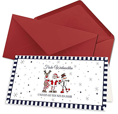 NEUSER PAPIER 10x Weihnachtskarten-Set DIN Lang in Weiß mit Weihnachtsfiguren und Text - Faltkarten mit Umschlägen DIN Lang Dunkelrot (Rot) mit Nassklebung - Weihnachtskarten für Firmen und Privat