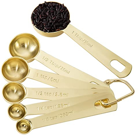 Gold Measuring Spoons, Heavy Duty 18/8 Stainless Steel Measuring Set of 6 Piece: 1/8 tsp, 1/4 tsp, 1/2 tsp, 1 tsp, 1/2 tbsp & 1 tbsp Measuring Liquid and Dry Ingredients for Cooking Baking Gift Set