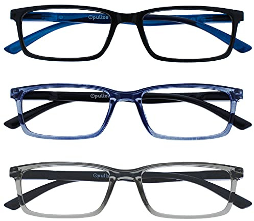 OPULIZE SEE Blaulichtfilterbrille für Damen Herren, Blendfreie UV400-Schutz Federscharnier Anti-Müdigkeit, Rechteckiger Rahmen, Computerbrillen Gaming, 3er-Pack Schwarz Blau Grau
