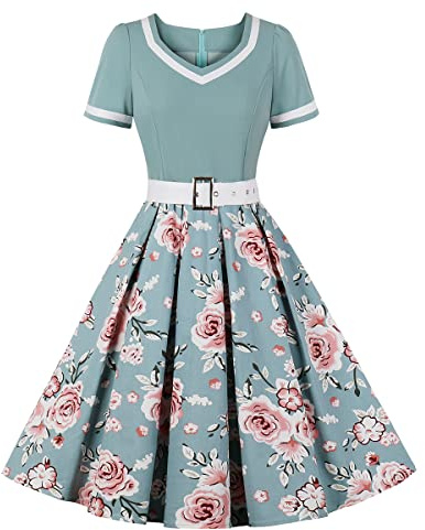 Rockabilly Kleider Damen 50er Jahre Petticoat Kleid Vintage Audrey Hepburn Kurzarm V-Ausschnitt Polka Dot Swing Coctailkleid Hochzeit Gast Festlich Knielang Sommerkleid Abendkleid Grün Blume XL