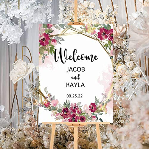 Panneau de mariage personnalisé en bois rose floral rustique panneau de bienvenue de mariage vintage panneau de réception pour célébration mariage anniversaire décorations 45,7 x 61 cm