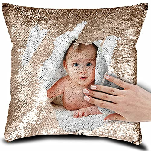 Eletizy Personalized Picture Magic Reversible Custom Throw Pillowcase, DIY Design Sequin Pictures Photos, Single Side Printed Photo Throw Pillow Case, 16''x16'', Champagne (Case Only)