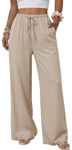 Duyang Womens Cotton Linen Palazzo Pants Drawstring Elastic Waist Casual Wide Leg Trousers with Pockets(Khaki,S)
