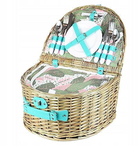 Zolta Picknickkorb Korb mit Deckel - Weidenkorb mit Picknick Geschirr und Thermischer Einsatz - Thermotasche Korb - Türkis 41 x 31 x 22cm