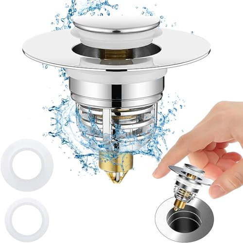 Upifen Edelstahl Waschbeckenstöpsel Pop Up Abflussstopfen Spülbeckenstöpsel (32-42mm) Ablaufventil aus Messing für Aufsatzwaschbecken Badewannenstöpsel mit Anti Clogging Sieb und 2 Dichtungen