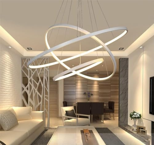 SXLXQM Hängelampe Esstisch LED, 115W Dimmbare Runde LED-Pendelleuchte mit Fernbedienung, 3 Ringe, schwarzer Acryl-Kronleuchter, Kronleuchter für Wohnzimmer, Esszimmer