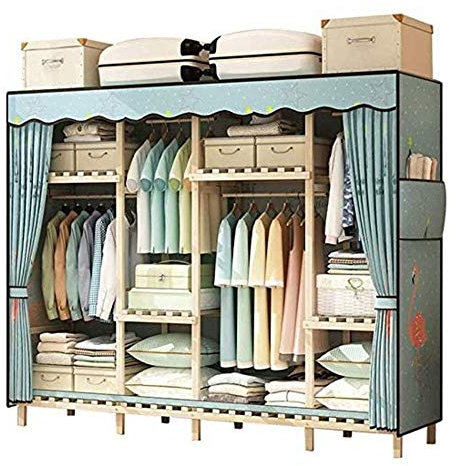 LAMEDOAT Tragbare Kleiderschrank-Stoff-Canvas-Holzregale mit Hängestangen, platzsparend, faltbar, für Schlafzimmer, Wohnzimmer, Arbeitszimmer, Schuhe, Kleidung, Spielzeug,A