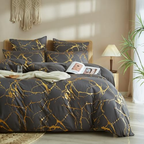 Luofanfei Bettwäsche 135x200 4teilig Grau Dunkelgrau Gold Marmor Muster Glitzermuster Aesthetic Microfaser Bettwäsche Set Luxus Modern Bettbezug Set Teenager Wendebettwäsche und Kissenbezüge 80x80