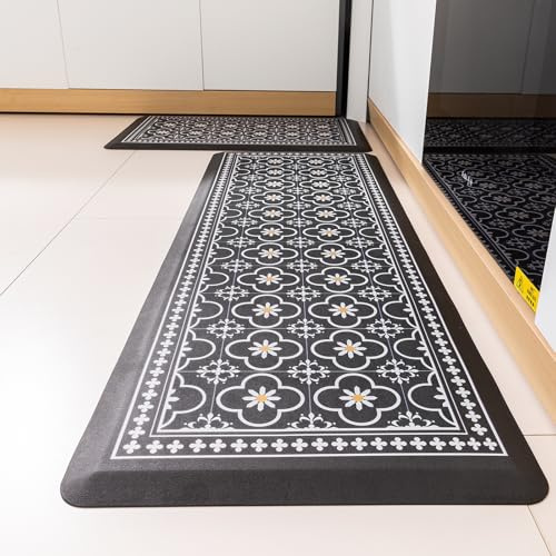 Jorkei Kitchen Mat, [2 PCS] Kitchen Rugs, Cushioned Anti-Fatigue Non-Skid Waterproof Rugs, Ergonomic Comfort Standing Mat for Kitchen, Floor, Sink, Laundry, (Black)