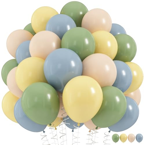 Sage Green Dusty Blue Yellow Balloons Set, 60Pcs 12 Inch Olive Green Macaron Yellow Slate Blue White Sand Cream Latex Balloons for Birthday Wedding Baby Shower Wild One Party Deocrations Supplies