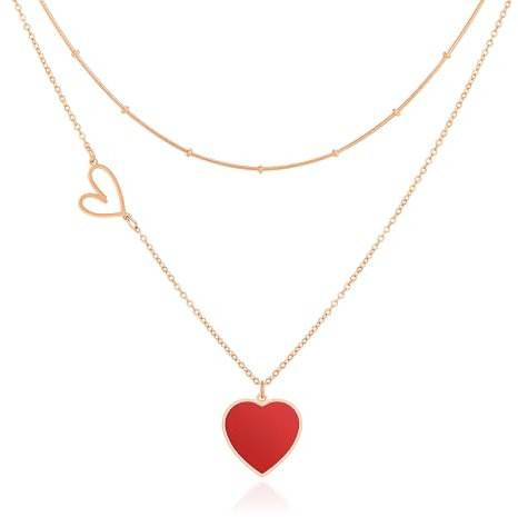 Linawe Collar con colgante en forma de corazón rojo para mujer, collar con colgante en forma de corazón en oro rosa, conjuntos de joyas, cadena en capas