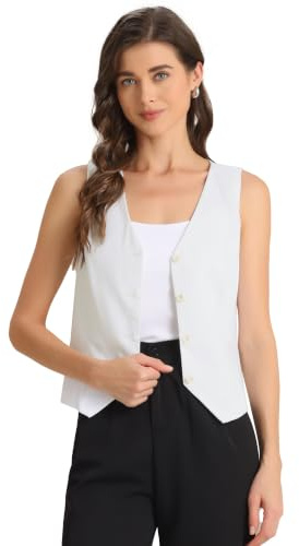 Allegra K Mujer Chaleco Moda de Algodón y Lino Blazer sin Mangas Botón Abajo Cuello en V Crop Top de Estival Blanco crema XS