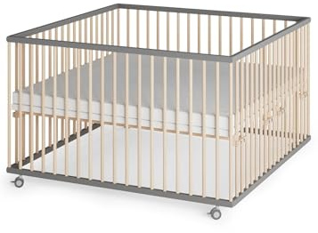 Sämann Laufstall Baby XXL 120x120 cm mit Matratze SleepPlus und 3 Schlupfsprossen | TÜV geprüft | stufenlos höhenverstellbar | Laufgitter Premium | Babybett aus Holz | Krabbelgitter grau/natur