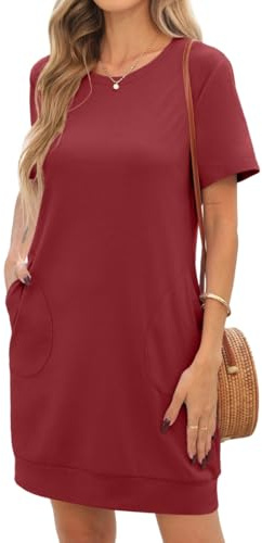 PrinStory Vestido de camiseta para mujer, vestido de ocio, con cuello redondo, manga corta, con bolsillos, borgoña, S