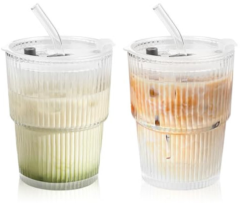 Wvu & Wvo 2 vasos de cristal de 400 ml con tapa y pajita, herméticos y resistentes al agua, juego de vasos de cristal para batidos, tazas de té, zumo de leche para zumo, leche, café