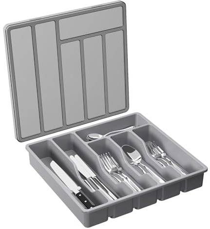 Salyeeluly Covered Utensil Tray with Lid | Silverware Organizer for Kitchen Drawer and Countertops | Plast-ic Cutlery and Flatware Storage Box for Spoons Forks Knives Holder Case, 6 Compartments