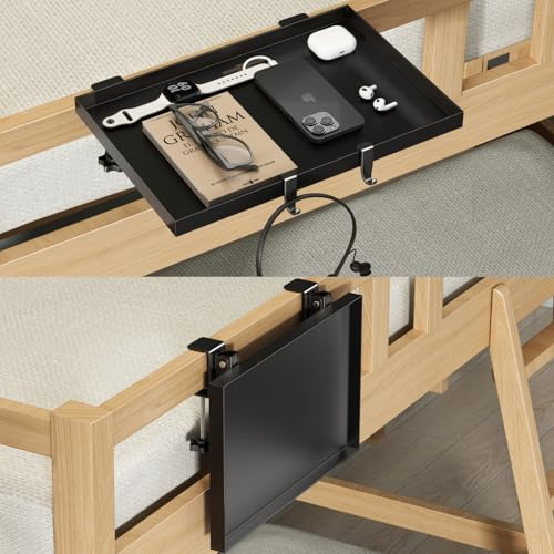 Magheo Bedside Shelf Foldable, Metal Clip-On Bunk Bed Table Shelf for Top Bunk Heavy Duty Bed Side Table Tray for College Dorm Room Essentials, Loft Nightstand Organizer Tray with 1 Cord Hole(Black)