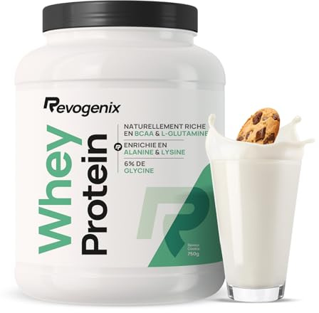 Whey Protein | 25g de Protéines par Shaker | Riche en BCAA et Glutamine | Enrichie en Glycine | Musculation Rapide & Sèche | Récupération | Peu Calorique | 750g | Onctueuse Goût Cookies | Revogenix